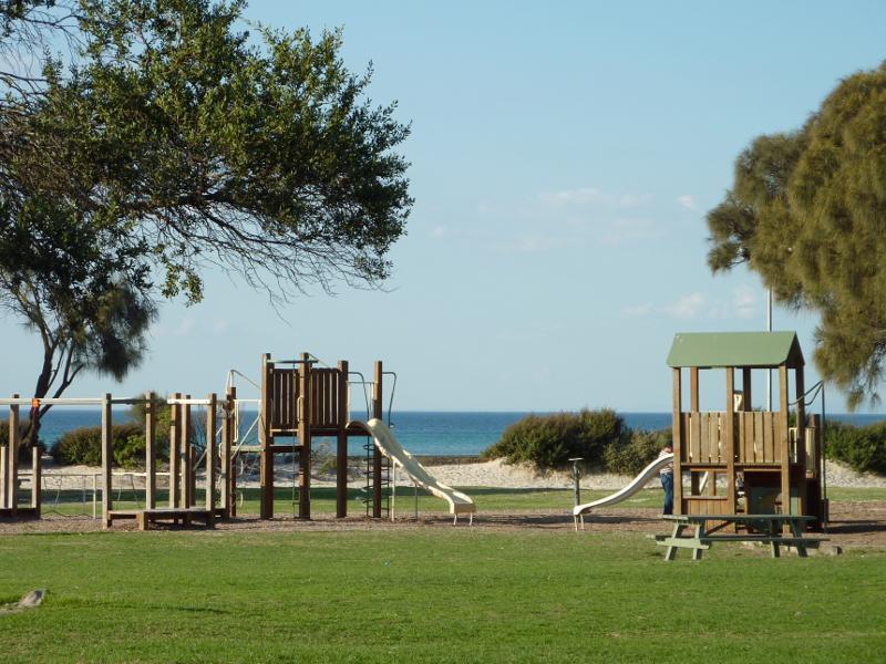 Rye - Foreshore park along Point Nepean Road on east side of Rye Pier - Playground with beach in background