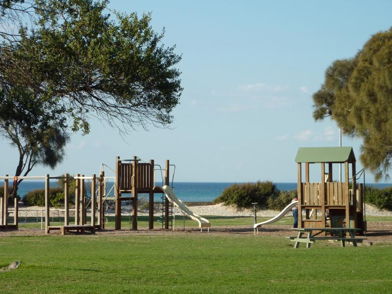 Rye - Foreshore park along Point Nepean Road on east side of Rye Pier: Playground with beach in background