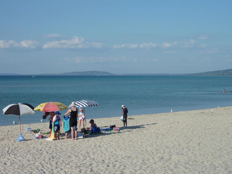 Rye - Beach on east side of Rye Pier: View across beach and out to the bay
