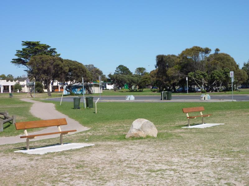 Rye - Foreshore, beach and boat ramp on west side of Rye Pier: View south through foreshore park on western side of Rye Pier