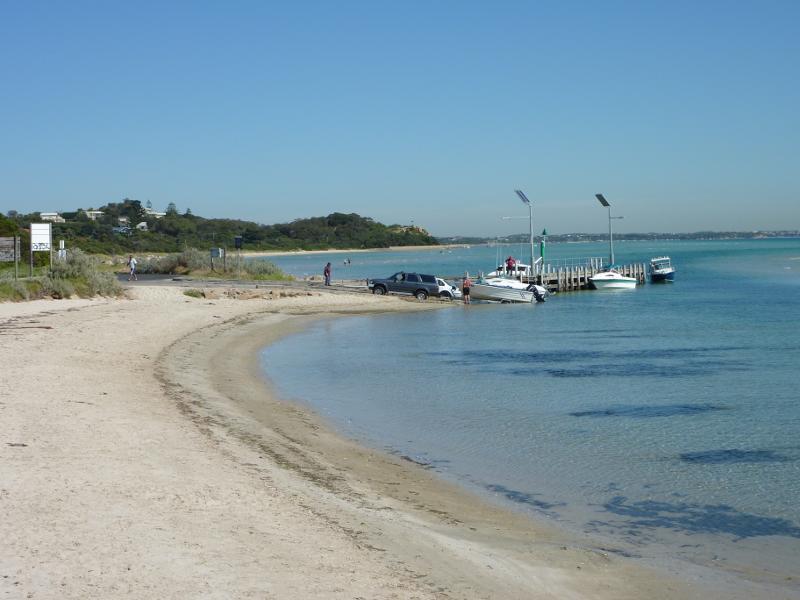 Rye - Foreshore, beach and boat ramp on west side of Rye Pier: View west along beach towards boat ramp