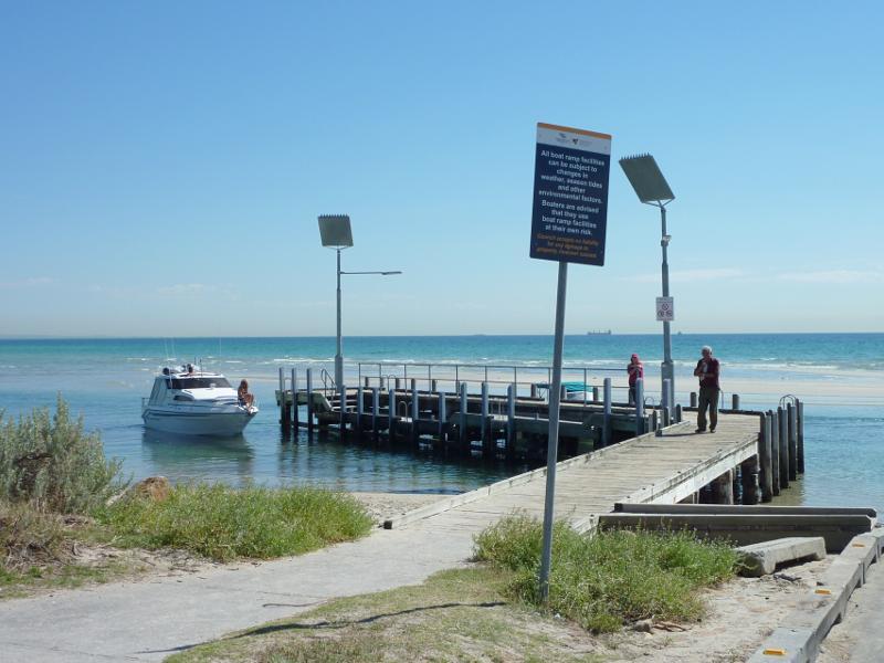 Rye - Foreshore, beach and boat ramp on west side of Rye Pier: Entrance to small jetty at boat ramp