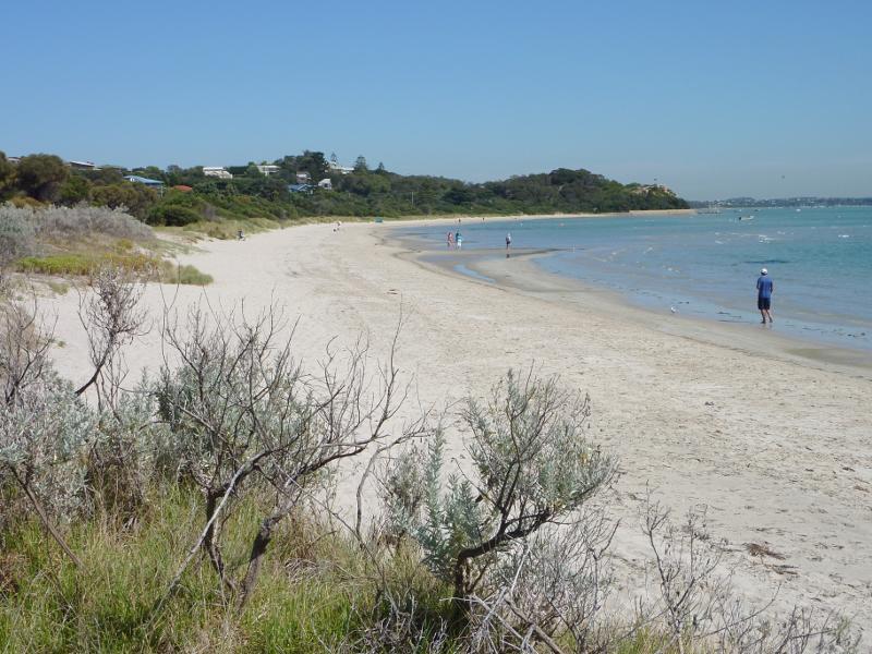 Rye - Foreshore, beach and boat ramp on west side of Rye Pier: View west along beach at boat ramp