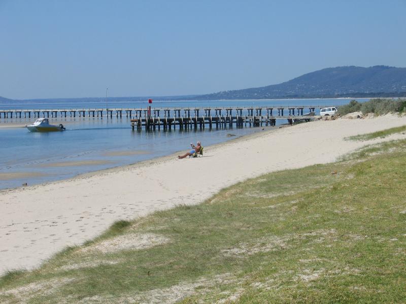 Rye - Foreshore, beach and boat ramp on west side of Rye Pier: View east along coast towards boat ramp and Rye Pier