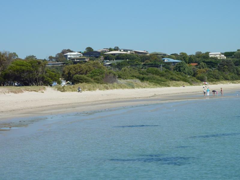 Rye - Foreshore, beach and boat ramp on west side of Rye Pier: View south-west to shore from small jetty at boat ramp