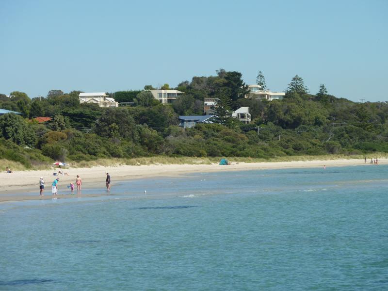 Rye - Foreshore, beach and boat ramp on west side of Rye Pier: View west to shore from small jetty at boat ramp