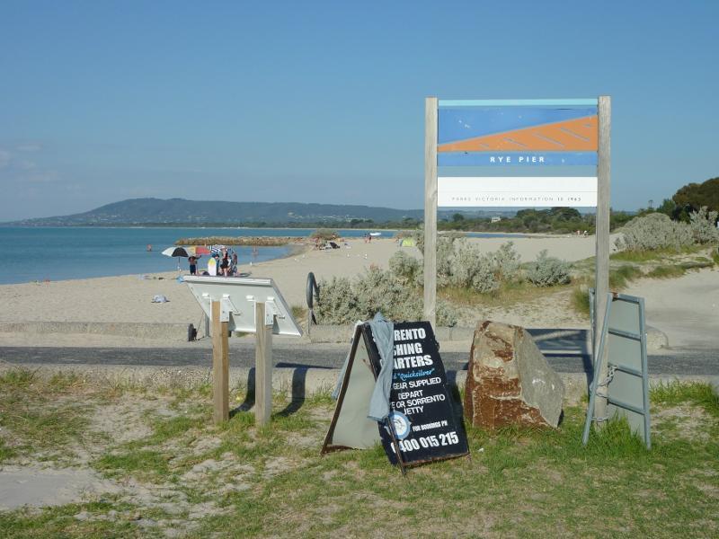 Rye - Views of foreshore, beach and bay from Rye Pier: View east along foreshore and beach at entrance to pier