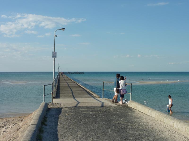 Rye - Views of foreshore, beach and bay from Rye Pier: View north along pier from its entrance