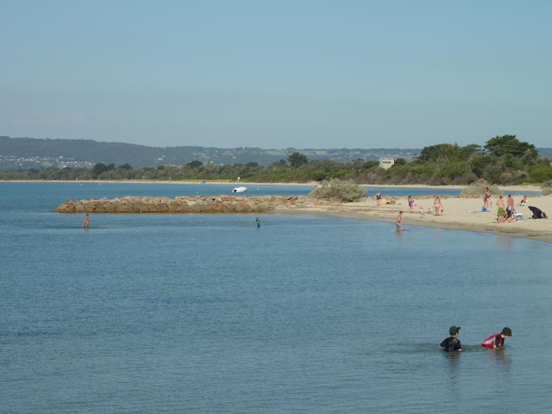 Rye - Views of foreshore, beach and bay from Rye Pier: View east towards groyne on beach