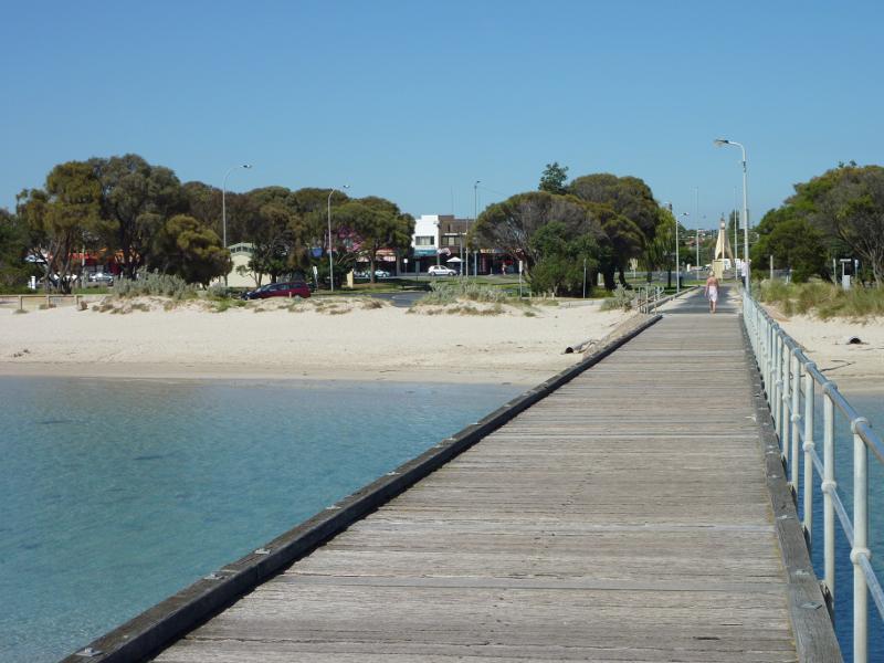 Rye - Views of foreshore, beach and bay from Rye Pier: View south along pier towards beach and foreshore