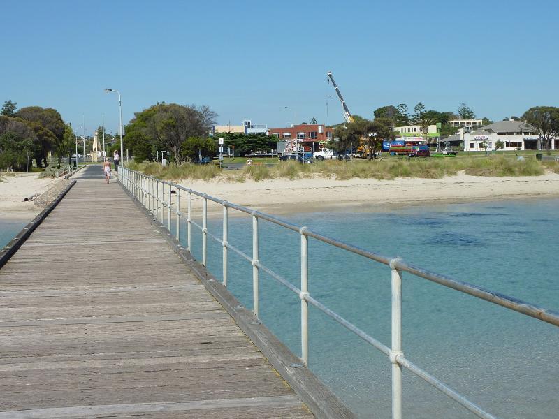 Rye - Views of foreshore, beach and bay from Rye Pier: View south along pier towards beach and foreshore