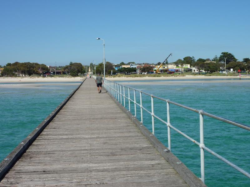 Rye - Views of foreshore, beach and bay from Rye Pier: View south along pier