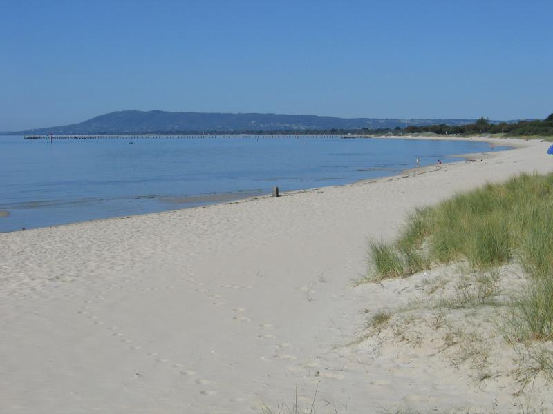 Rye - White Cliffs: View east along coast from beach
