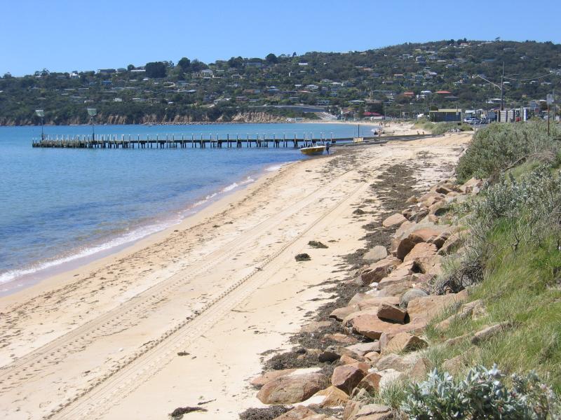 Safety Beach - Jetty and boat ramp area: View north along coast towards jetty