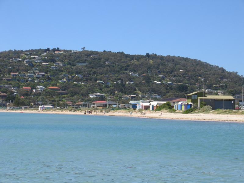 Safety Beach - Jetty and boat ramp area: View north along coast towards coast guard, sailing club and Mt Martha from jetty
