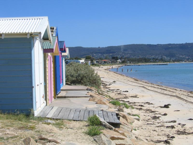 Safety Beach - Beach, coast and foreshore - Boat sheds, view  south along coast from north of Victoria St