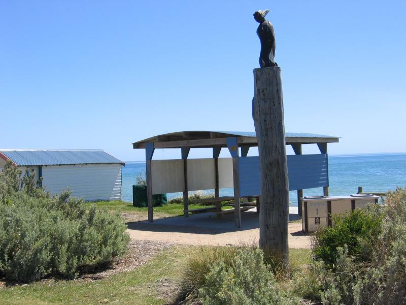 Safety Beach - Beach, coast and foreshore: Rock Hopper statue and foreshore BBQ area, just north of Victoria St