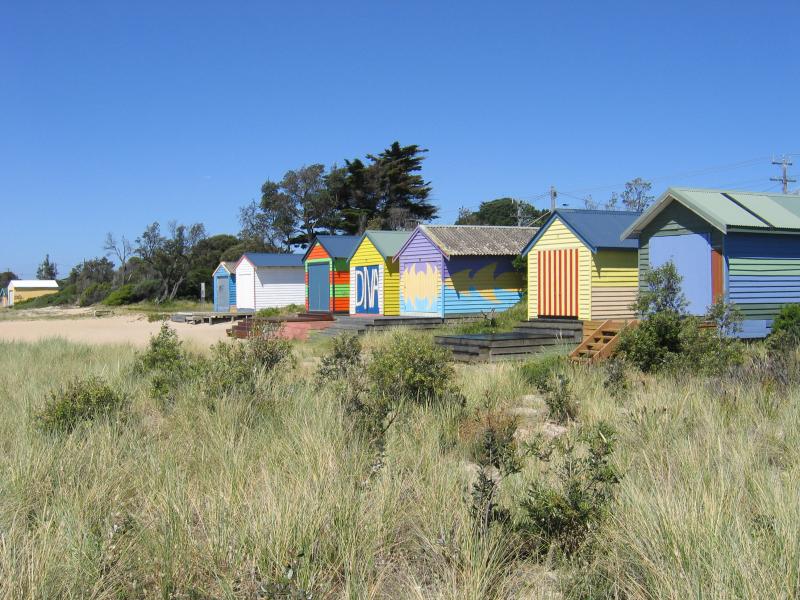 Safety Beach - Beach and foreshore at corner of Marine Drive and Nepean Highway: Boat sheds and bathing boxes