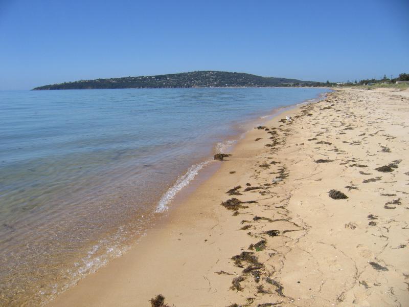 Safety Beach - Beach and foreshore at corner of Marine Drive and Nepean Highway: View north-east along beach with Mt Martha in background