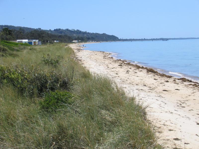 Safety Beach - Beach and foreshore at corner of Marine Drive and Nepean Highway: View south-west along coast towards Dromana