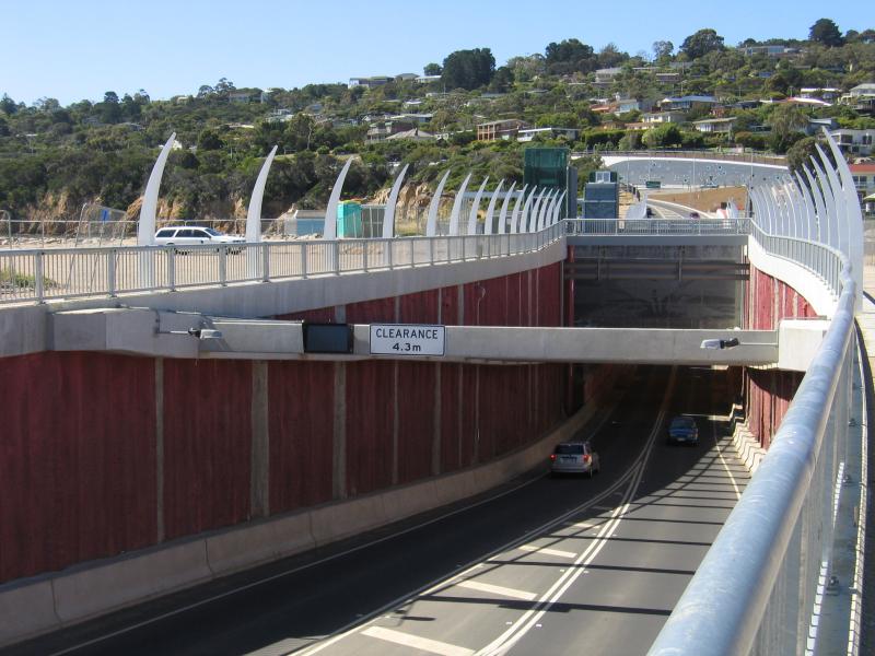 Safety Beach - Martha Cove canal entrance on coast and Marine Drive tunnel: View north through tunnel