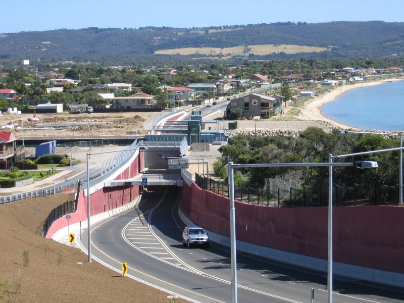 Safety Beach - Views from around Bruce Road: View south along Marine Dr towards tunnel from Bruce Rd service road