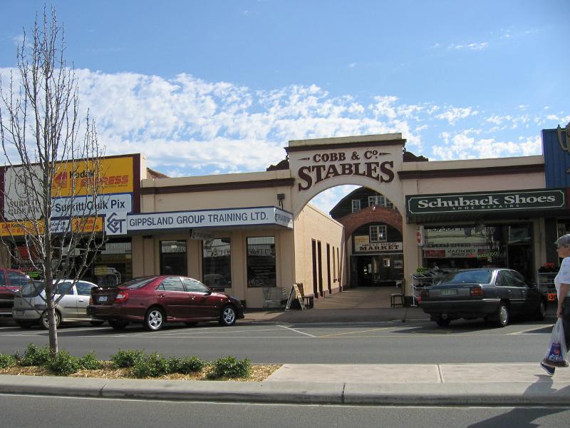 Sale - Commercial centre and shops, Cunninghame Street and Raymond Street: View west across Raymond St towards Cobb & Co. Stables