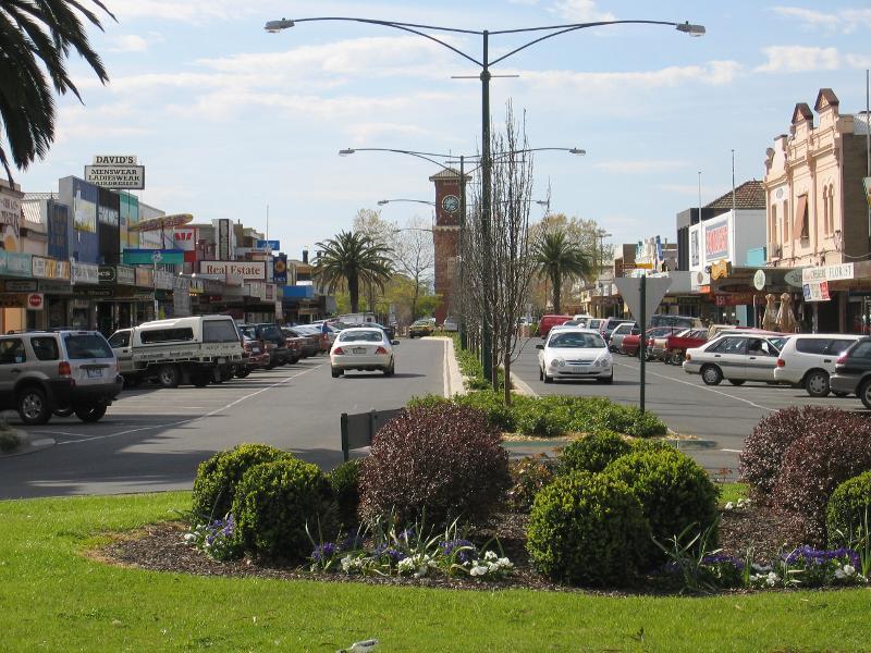 Sale - Commercial centre and shops, Cunninghame Street and Raymond Street: View north along Raymond St at MacAlister St