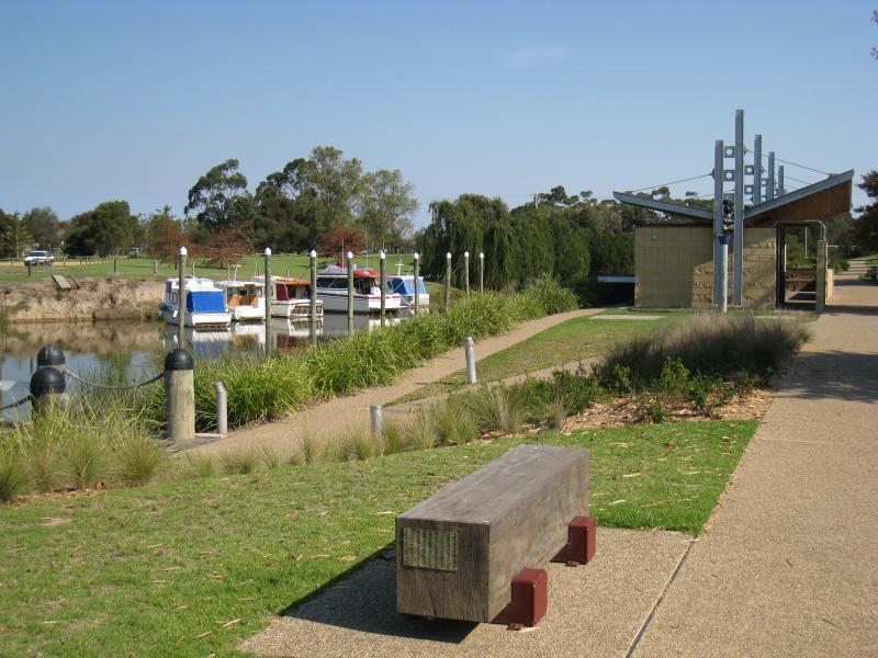 Sale - Port of Sale precinct, Canal Road and McMillan Street along Flooding Creek: View west along canal and towards shelter and toilet block on Canal Rd