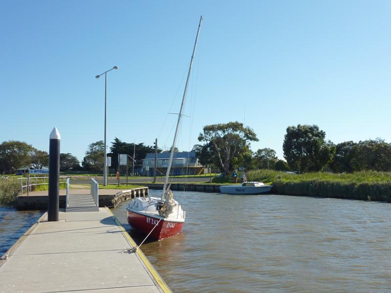 Sale - Marlay Point and foreshore reserve, Lake Wellington: View along jetty towards boat ramp and shore