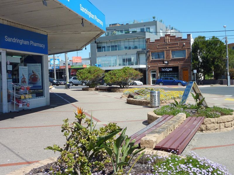 Sandringham - Shops and commercial centre, Bay Road, Station Street and Melrose Street - View south across Bay St at Station St