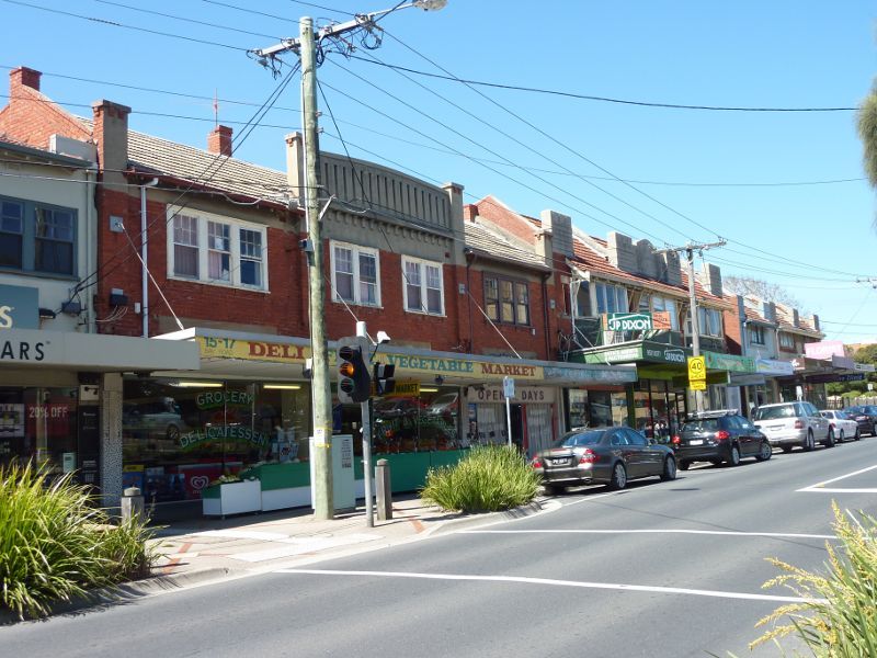 Sandringham - Shops and commercial centre, Bay Road, Station Street and Melrose Street: Shops along north side of Bay St east of Station St