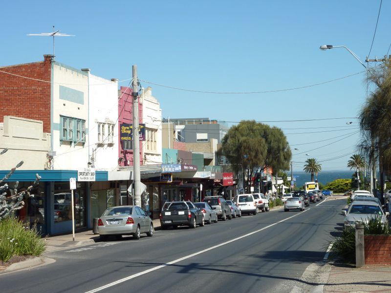 Sandringham - Shops and commercial centre, Bay Road, Station Street and Melrose Street: View west along Bay St west of Trentham St