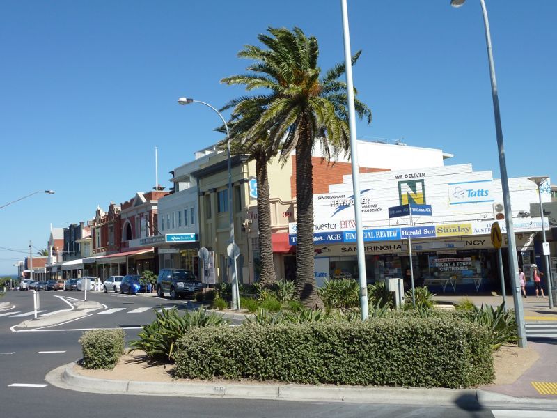 Sandringham - Shops and commercial centre, Bay Road, Station Street and Melrose Street - View west across Station St at Melrose St