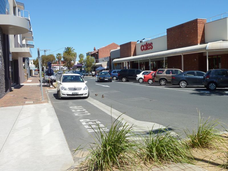 Sandringham - Shops and commercial centre, Bay Road, Station Street and Melrose Street - View south-east along Waltham St at Coles supermarket