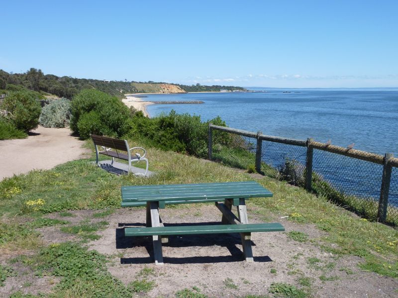 Sandringham - Beach and coastline opposite Tennyson Street: Picnic area at top of coastal cliffs