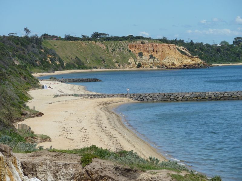 Sandringham - Beach and coastline opposite Tennyson Street: South-easterly view along beach towards Red Bluff