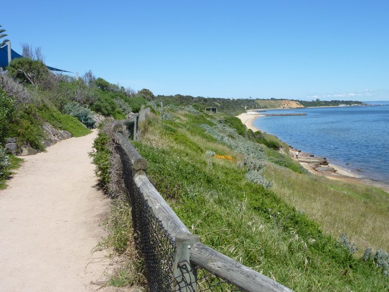 Sandringham - Beach and foreshore park between Sims Street and band rotunda: South-easterly view along coastal pathway near playground