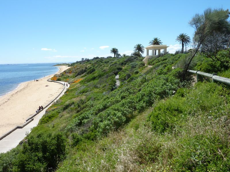 Sandringham - Beach and foreshore park between Sims Street and band rotunda: North-westerly view along coast towards band rotunda