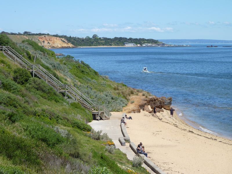 Sandringham - Beach and foreshore park between Sims Street and band rotunda - South-easterly view along coast
