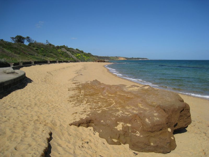 Sandringham - Beach and foreshore park between Sims Street and band rotunda: View south-east along beach