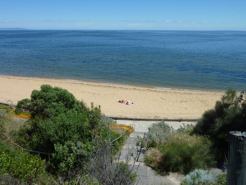 Sandringham - Beach and foreshore park between Sims Street and band rotunda: View down steps to beach