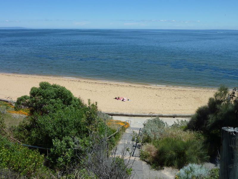 Sandringham - Beach and foreshore park between Sims Street and band rotunda - View down steps to beach