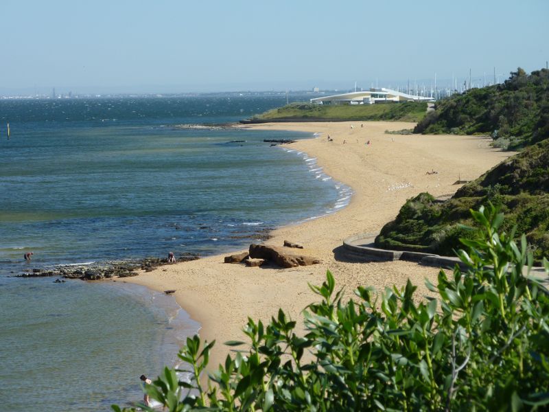 Sandringham - Beach and foreshore park between Sims Street and band rotunda: North-westerly view along beach towards Picnic Point
