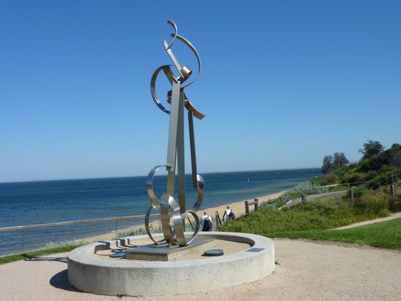 Sandringham - Beach and foreshore park around Sandringham Life Saving Club: North-westerly view along coast at Windhover sculpture