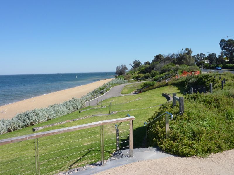 Sandringham - Beach and foreshore park around Sandringham Life Saving Club: View north-west through foreshore park