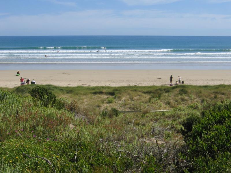 Sandy Point - Foreshore Reserve and beach at Surfers Walk: People on the beach, viewed from foreshore
