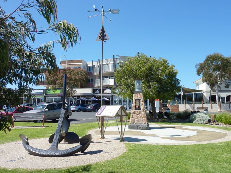 San Remo - Shops and commercial centre, Marine Parade: Fishermen memorial, Marine Pde opposite Westernport Hotel