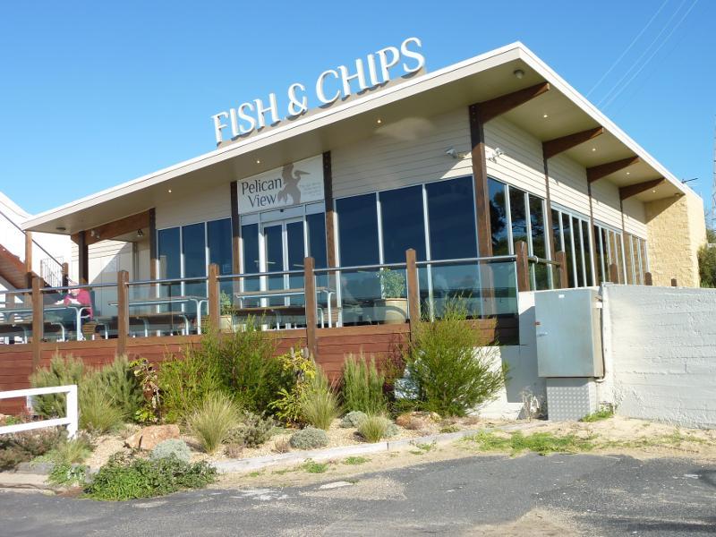 San Remo - Shops and commercial centre, Marine Parade: Pelican View fish & chips shop at Fishermans Co-Op near entrance to jetty