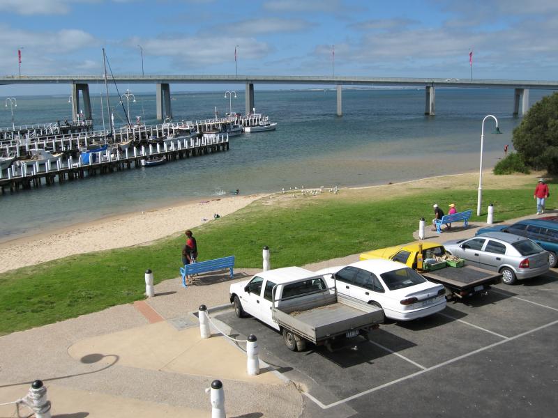 San Remo - Foreshore along Marine Parade: View north-east across beach towards jetty and beach from Fishermans Co-Op